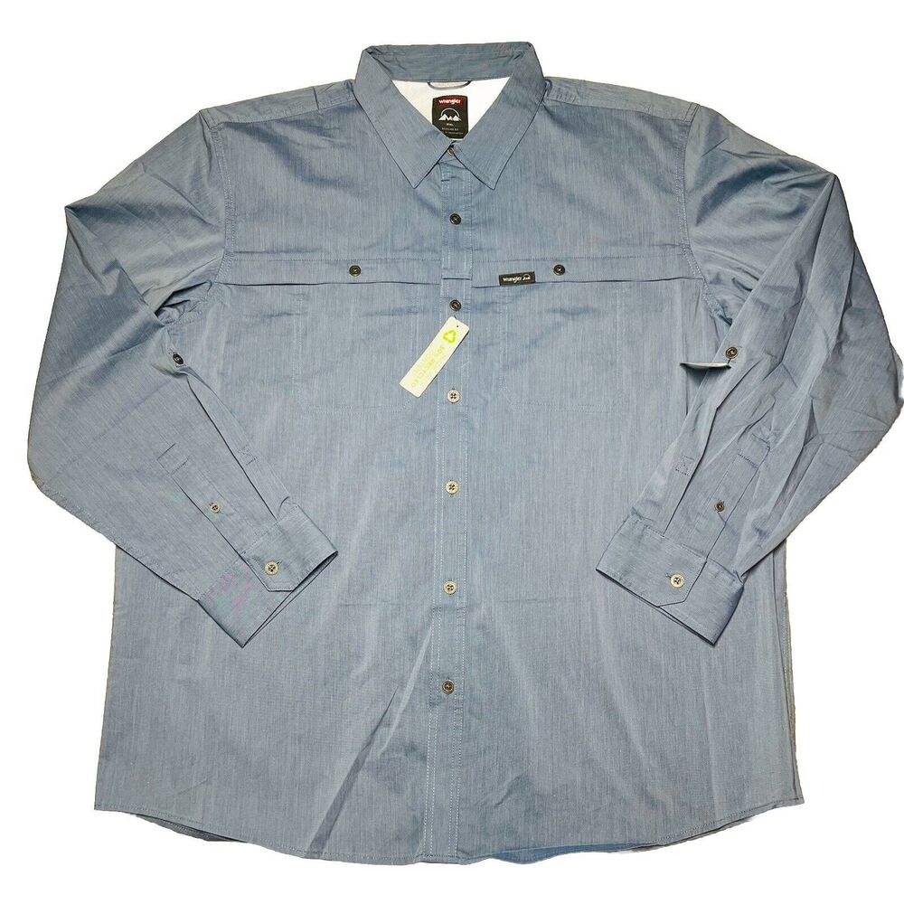 NWT Wrangler Men’s Performance Long Sleeve Button Up Shirt Size 2XL Blue UPF 30